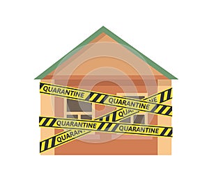 Yellow-black barricade tape with `quarantine` word wrapped around a cartoon house. Coronavirus self-isolation concept