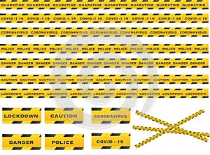 Yellow And Black Barricade Tape strip with text danger caution coronavirus police and covid-19 Vector illustration