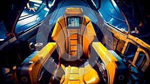 Yellow and black car seat with clock on the wall in the background. Generative AI
