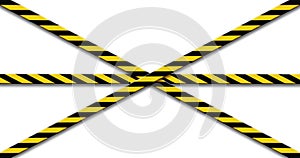 Yellow, black caution tape. Biohazard, danger, warning sign. Infected zone lockdown. Restricted area illustration