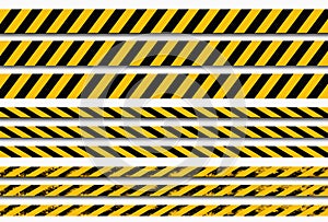 Yellow, black caution tape. Danger, warning sign. Infected zone lockdown. Restricted area 3D illustration