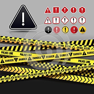 Yellow And Black Caution Tape, Seamless Borders. Set of Danger Warning Icon. Flat Design. Vector Illustration.  On Gray