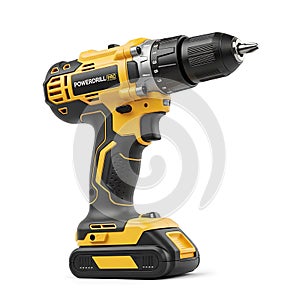 Yellow and black cordless power drill with battery pack