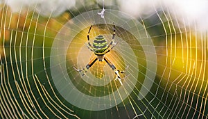 Yellow black crab spider on blurred background, copy space. Black and yellow stripe Argiope bruennichi wasp spider on web
