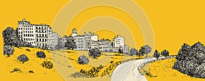 A yellow and black drawing of a city with a road and a tree