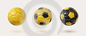 Yellow and black glossy football balls isolated design elements on white background. Colorful soccer balls collection