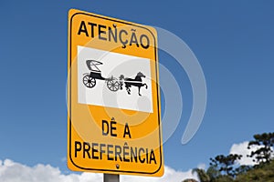 Yellow and black horse road sign in Brazil