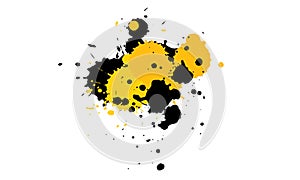yellow black ink drop brush painting watercolor splatter in grunge graphic style on white background