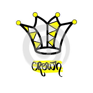 Yellow Black Jester Hat. Hand drawn symbol stylized icon king queen tiara. Calligraphic handwritten word Crown Vector illustration