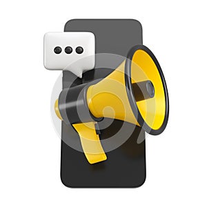 Yellow and black megaphone with chat bubble up message speech dialog. 3d rendering