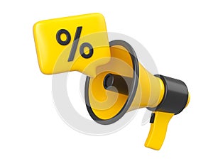 Yellow and black megaphone with percent offer promotion message bubble isolated. Price discount icon. 3d rendering