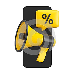 Yellow and black megaphone with percent offer promotion message bubble on smartphone screen. 3d rendering