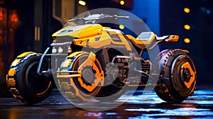 Yellow and black motorcycle parked on wet street in the city at night. Generative AI