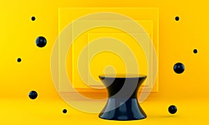 yellow and black podium pedestal for goods exhibition. Retro, vintage style, 3d render