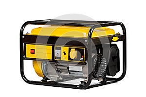 Yellow and black portable electric gas generator isolated on white for backup energy