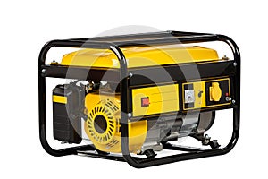 Yellow and black portable electric gas generator isolated on white for backup energy