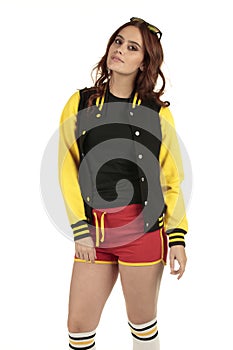 Yellow black and red colored retro sports wear with an empty space on the black shirt for you to add your brand