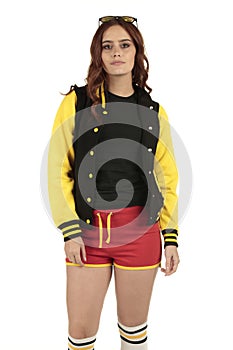 Yellow black and red colored retro sports wear with an empty space on the black shirt for you to add your brand