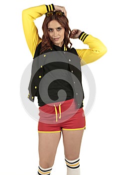 Yellow black and red colored retro sports wear with an empty space on the black shirt for you to add your brand