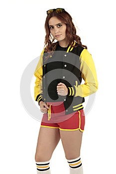 Yellow black and red colored retro sports wear with an empty space on the black shirt for you to add your brand