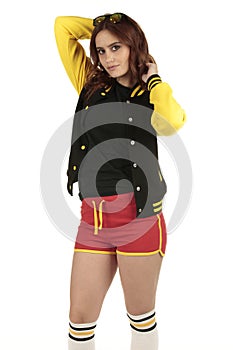 Yellow black and red colored retro sports wear with an empty space on the black shirt for you to add your brand