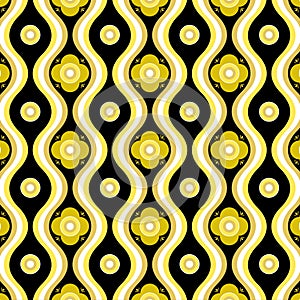 Yellow And Black Retro Seventies Flowers And Wavy Lines Pattern