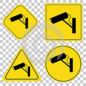 Yellow and black Set of CCTV Sign at transparent effect background