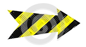 Yellow and black stripes danger warning pattern metallic iron direction arrow sign with steel checker plate texture isolated