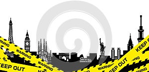Yellow and black warning tapes and cityscape vector illustration