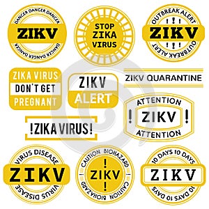 Yellow, black and white Zika Virus stamps.