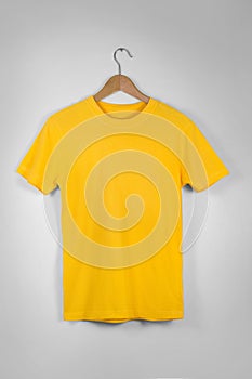 Yellow Blank Cotton Tshirt Hanging Center Gray Concrete Empty Wa