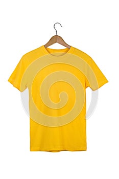 Yellow Blank Cotton Tshirt with wooden hanger isolated on white