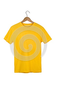 Yellow Blank Cotton Tshirt with wooden hanger isolated on white photo