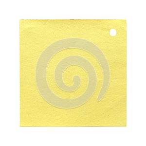 Yellow blank paper note memo with a punch hole isolated on white background