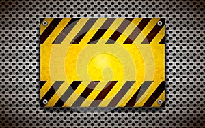 Yellow blank warning sign template on metallic grid, industrial background