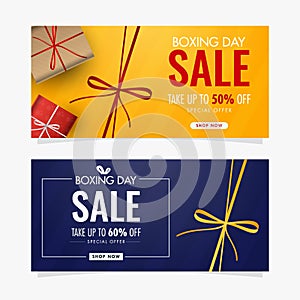 Yellow and Blue banner or gift card design with gift boxes and different discount offer for Boxing Day