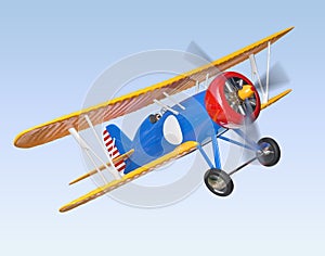 Yellow and blue biplane flying in the sky