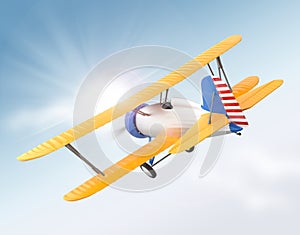 Yellow and blue biplane flying in the sky