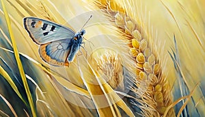 A yellow-blue butterfly in the colors of the flag of Ukraine on a ripe golden ear of wheat.