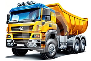 Yellow and blue cartoon dump truck on white background