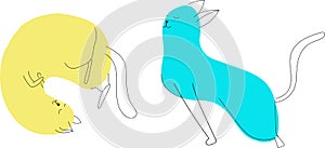 Yellow and blue cats in different poses. Simple kittens from spots and lines. Vector illustration isolated