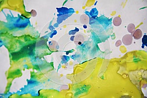 Yellow blue colorful background, paint watercolor and waxy spots