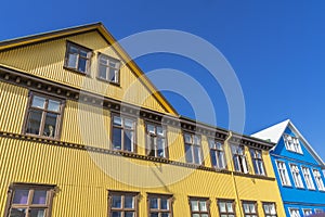 Yellow Blue Corrugated Iron Houses Street Reykjavik Iceland