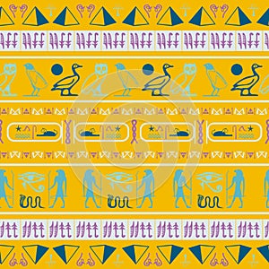 Yellow blue egypt writing seamless background.