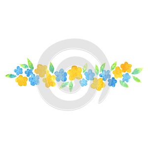 Yellow and blue flower garland border watercolor .