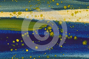 Yellow, blue and green splash watercolor texture background. Hand drawn vivid spot on horizontal navy backdrop gradient artwork.