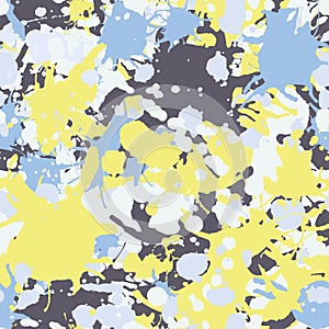 Yellow blue grey ink paint splashes seamless pattern