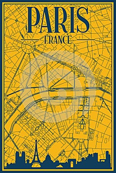Hand-drawn city road network and skyline poster of the downtown PARIS, FRANCE