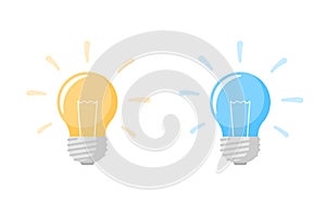 Yellow and blue light bulb lamp flat icon with bright rays shine set. Energy innovation and creative idea symbol