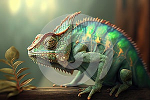 Yellow blue lizard Panther chameleon sunbathing on a branch, climbing a tree, close-up of a lizard - Generative AI